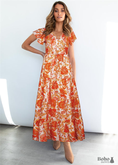 V-Neck Floral Print Boho Maxi Dress Taylor